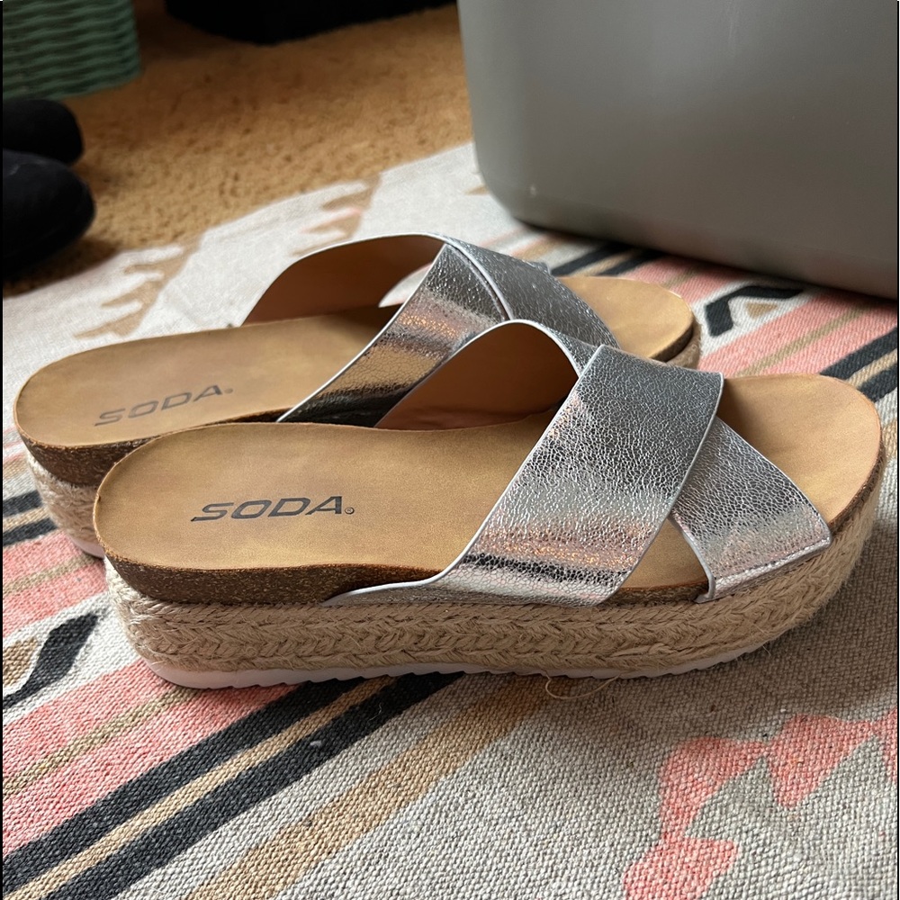 Soda wedged silver sandles, size 7.